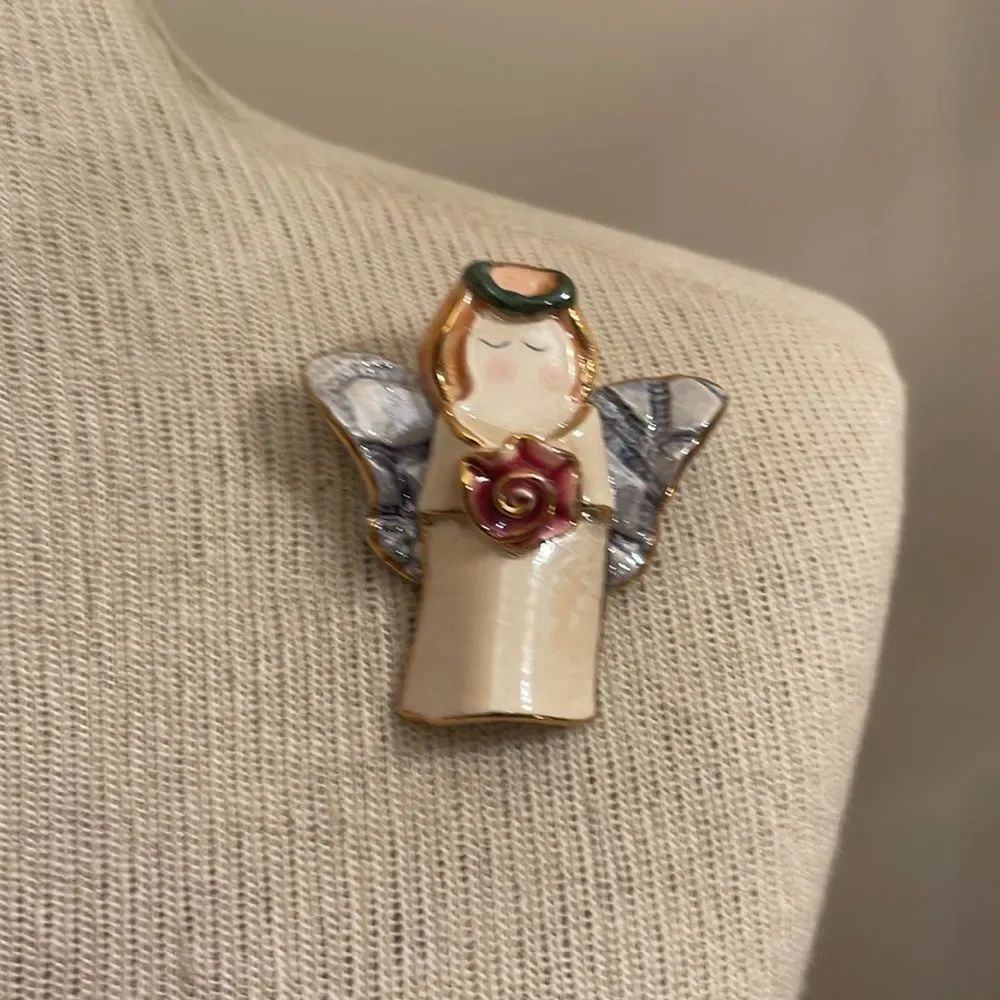 Vintage Ceramic Lusterware Angel with Rose Brooch Lapel Pin
